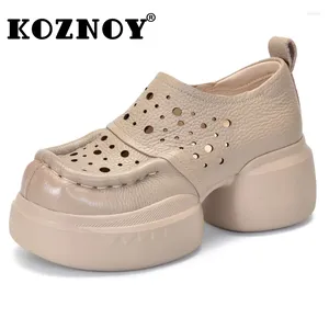 ドレスシューズKoznoy 6.5cm本物の革サンダルブーツフラットプラットフォーム夏の女性ホローポンプ分厚いスニーカーブーツメアリージェーン