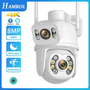 Kameralar Hamrol 4K 8MP WiFi PTZ Kamera Çift Lens 2MP Yeni Çift Ekran H.265 Nightvision Dış Mekan 4MP WiFi Gözetleme Kameraları ICSEE Uygulama