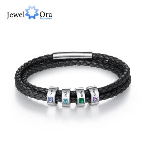 Bangle Personalized Stainless Steel Men Bracelets with Name Engraved Beads Custom Birthstone Black Multilayer Leather Bracelets for Men