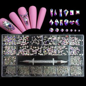 2500pcs AB Glass Crystal Diamond Reth Rhinestone Decoração de unhas 21 Acessórios de unhas da caixa de grade Conjunto com 1 Pick Up Pen 240412