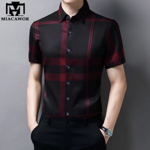 Shirts 2023 New Plaid Shirt Men High Quality Silk Summer Short Sleeve Casual Shirts Men Slim Fit Camisa Masculina Drop Shipping C748