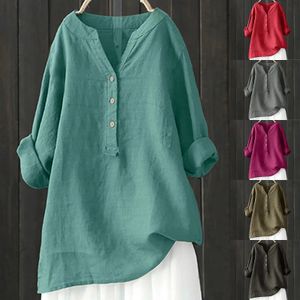 Blusa de linho de algodão solto de plus size Mulheres de mangas longas de tamanho longo vintage blusas primavera verão 2024 240419