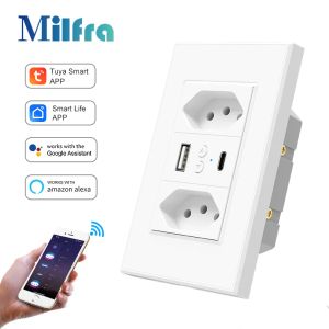 Plugs Tuya WiFi Zigbee Smart Brazil Socket Outlets med USB Typ C -portar 120mm*74mm Timer Voice Control Work för Alexa Google Home