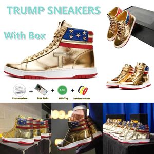 T Trump Sneakers Designer Casual Schuhe Die Nie-Übergabe High-Tops Donald Trump Gold Patent Leder Custom Men Sneaker Komfort Sport Trendy Schnüre im Freien