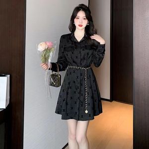 2024 Fashion temperament lapel design sense long sleeve waist satin shirt skirt autumn and winter new dress with waist chain