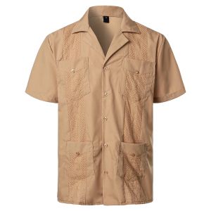 シャツキューバキャンプグアヤベラシャツメンズ半袖カジュアルボタンダウン刺繍メンズシャツ柔らかい通気性のあるソリッドカラービーチシャツ