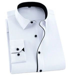 Koszule Twill Białe męskie sukienki koszule długie rękaw Slim Fit Business Men Formal Shirt Solid Solid Bez ubrania przednich kieszonkowych