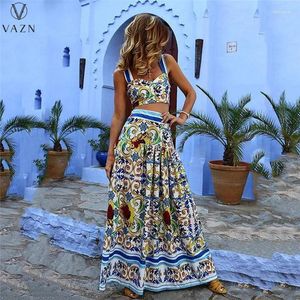 Vestidos de trabalho VAZN 2024 Designer de luxo Young Sexy Beach Retro Dress Dress Set Bikini Top Saias longas soltas Mulheres mansas 2 peças