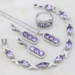 Stränge 925 Silber Brautschmucksets für Frauen weiße kristallviolette Zirkonia Hochzeitsarmband/Halskette/Anhänger/Ohrring/Ring