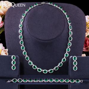 Strands BeaQueen Exclusive Costume Jewellery Luxury Green Cubic Zirconia Necklace Earring Bracelets Party Jewelry Set for Women JS273