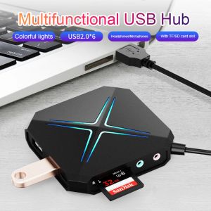 Hubs 6 Port USB Hub 1m Cable Computer Splitter With TF SD Card Reader Mic AUX Cool Light Charging USB 2.0 3.0 Hab for PC USB Combo