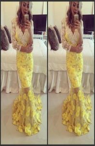 2022 Golden Beadings Evening With Long Hermes Applicies Yellow Formal Dress Deep V Neck Mermaid Style Prom Dresses Red Carpet Dre1916808