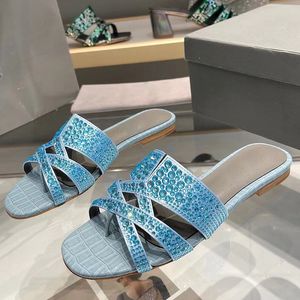 open toe women flat crystal slippers runway designer hot sale high quality genuine leather outsole with rhinestone decor female outside walking flat slippers