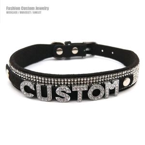 Colares de colares brilhantes de shinystone Letras de colar de gola personalizada Mulheres homens sexy preto couro macio nome personalizado jóias de festa