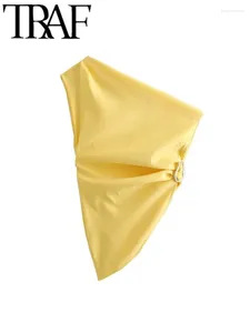 Bluzki damskie 2024 Kobieta żółty fałd asymetryczny top swobodny jedno ramię wąsły rękaw
