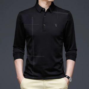 Verão fino masculino de seda de seda de seda longa Camiseta de lapela de lapela Polo Spring Spring e Autumn Roupos Top 240420