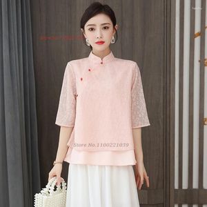 Etnik Giyim 2024 Çin Geleneksel Qipao Geliştirilmiş Bluz Ulusal Dantel Çiçek Şifon Stand Yakası Servisi Hanfu Gömlek