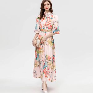Women's Runway Dresses Stand Collar Single Breasted 3/4 Lantern Sleeves Floral Printed Fashion Casual Long Vestidos