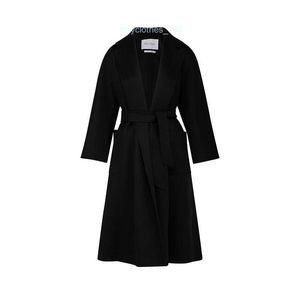 Brand Coat Women Coat Designer Coat MaxMara Womens Black Cashmere Smooth Long Lace Up Coat