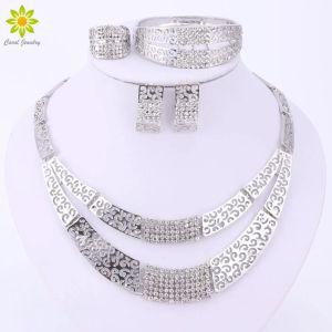 Halsband smycken set mode bröllopstillbehör afrikanska smycken set silverpläterad strass halsband örhängen set brud smycken set