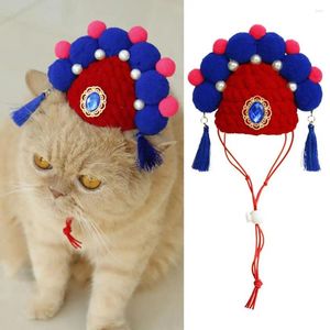 Dog Apparel Cat Hat With Tassel Chinese Opera Style Pet Adjustable Strap Faux Pearl Decor Party Knit Headwear For Dogs Cats