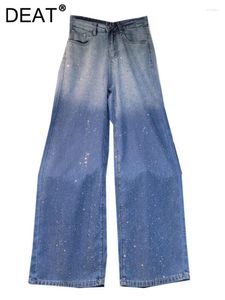 Women's Jeans Denim Pants Gradient Full Diamonds Loose Straight High Waist Female Long 2024 Summer Fashion 33A1214
