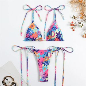 Women's Swimwear Fashion Flowers Bikini Bowknot String Thong Sexy Triangle Micro Swimsuit Split Trend Women Brazilian Beach Bathing Suit