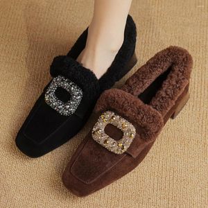 Casual Shoes Women's Natural Suede Leather Wool inuti Crystal Buckle Square Toe Slip-On Winter Flats Loafers High Quality Cold Weather