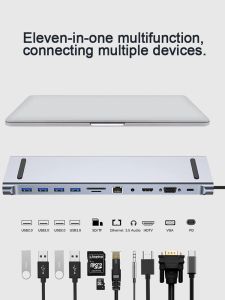 Hubs USB C Hub 11 i 1 Typ C Dock 3.0 Splitter Multiport Adapter 4K HDMicompatible RJ45 SD/TF VGA PD för MacBook iPad Xiaomi