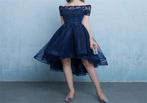 Marineblaues Cocktailkleid Hi Lo Tulle mit Applique kurze Ärmel hellgraublackburgundy Kleider billige besondere Gelegenheit Dre1787740