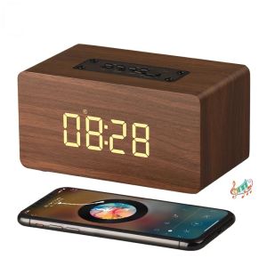 Högtalare trä stereo högtalare digital väckarklocka trådlöst dubbla högtalare 6W Bluetooth Bass Box med LED -tidsdisplay TF -kort aux -ingång