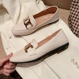 Casual Shoes 2024 Fetish Women Retro Designer Soft Leather Summer Flats Simple Female Loafers Square Toe Lady Metal Outside Black