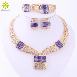 Strängar fina kristallsmycken uppsättningar för kvinnliga afrikanska pärlor bröllopsfest klänning tillbehör uttalande halsband armband örhängen ring set
