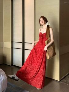 Casual Dresses Lace Up Hollowed Out Floral Camisole Dress For Women Summer Break French Long Skirt Red Temperament Waist Cinched A-line