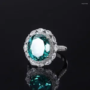 Cluster Rings S925 Silver Colored Treasure Tourmaline Paraiba Full Diamond Closed Ring Main Stone 12 14 Engagement Jewelry