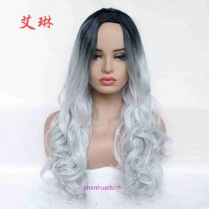 Designer human wigs hair for women Popular womens black gradient silver gray split large wavy long curly wig synthetic fiber full machine hood