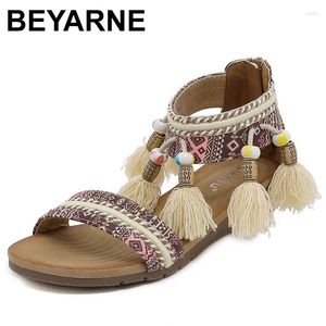 Casual Shoes Women Patchwork Ethni Bohemia Sandals Tassel Fringe Ankle Wrap Wedge Flat Heel Plus Size 41 42 Sandalias Mujer