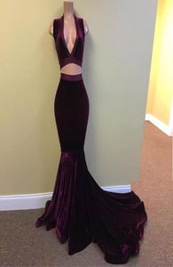 Two Pieces Velvet Stunning VNeck Grape Mermaid Prom Dress High Quality Stretch Fabric Hug Curves Evening Gowns Sweep Train Party8713406