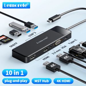 Hubs Lemorele USBC Hub 10Ports Docking Station USB Typ C till Dual HDMI 4K 30Hz VGA USB 3.0 Adapter PD100W SD -kortläsare för MacBook