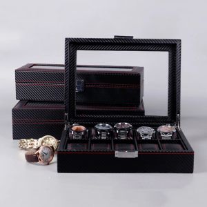 Óculos de sol Caixa de relógio de couro de fibra de carbono PU com 6 10 12 Óculos de sol de raça Caixa de armazenamento de jóias Organizador