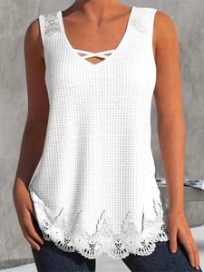 Plus Size Summer Casual Tank Top Womens Oversize Solid Color Cris Front V Neck Kontrast LACE TRIM HEM STRECK 240419