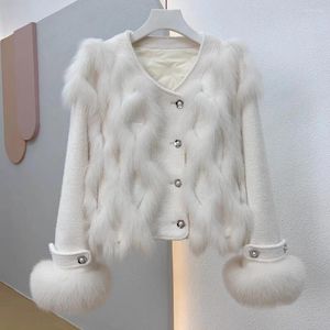 Kvinnors läder lyxig 2024 Autumn Winter Style naturlig riktig päls liten v-ringningsfashionbar söt kappa