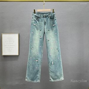 Kvinnors jeans mode strass broderade mopp denim byxor 2024 vår sommaren hög midja all-matchande bredben byxor