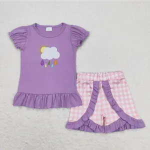 Clothing Sets Style Short Sleeve Sun And Clouds Purple Girls Outfits Children Clothes Wholesale Toddler Kid
