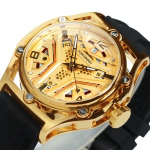 Watches Forsining Gold Sports Mens Watches Top Brand Luxury Calendar Hollow Out Dial Military Automatic Mechanical Watch Rubber Strap