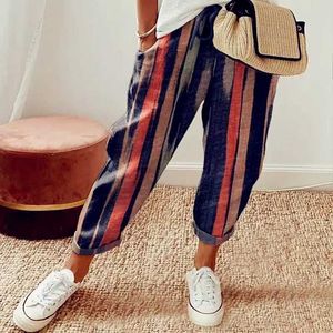 Frauenhose Capris Frauen Sommer und Frühling Midi Baumwolle Falten Saum Retro großer Gelegenheitsparty Mode Loose Striped Pockethose Y240422