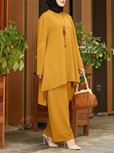 Giyim Zanzea Vintage Müslüman Setleri Trailsuit Geniş Bacak Pantolon Uzun Kollu Oneck Düzensiz Bluz Şık Nedensel Zarif Kentsel Çalışma Ol takım elbise