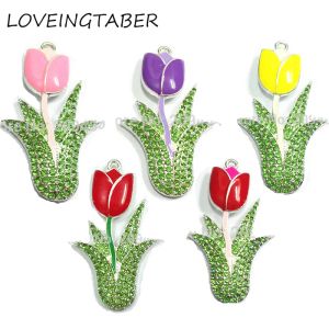 Halsketten (zuerst Farbe wählen) 54 mm*32 mm 10pcs/Los Tullip -Blumen Strass -Anhänger für klobige Oster-/Sommer -Halskette