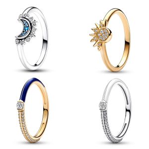 Rings 2023 New 925 Sterling Silver Celestial Blue Sparkling Moon Sun Rings ME White Dual Ring Fit Women Gifts