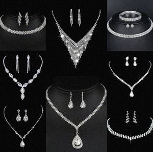 Värdefulla lab diamantsmycken Set Sterling Silver Wedding Halsbandörhängen för kvinnor Bridal Engagement Smyckesgåva 06xj#